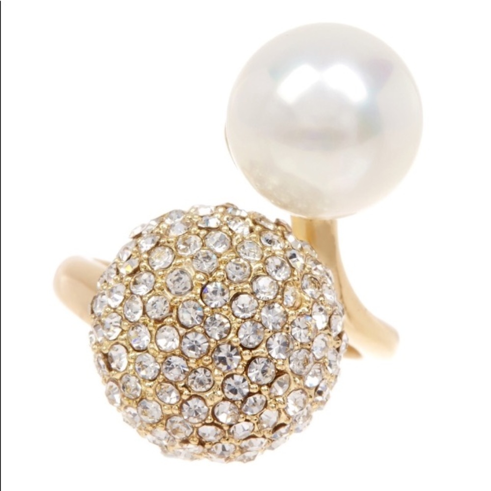 NEW !!! Pave Crystal And Pearl Cluster Gold Tone Statement Ring Various Sizes